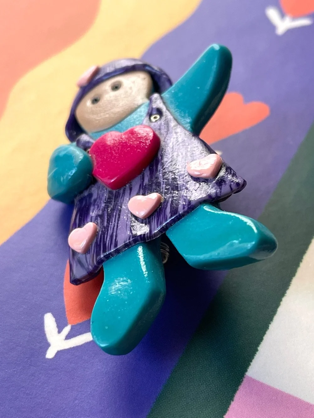 Adorable vintage/style polymer clay girl child brooch w/ hearts